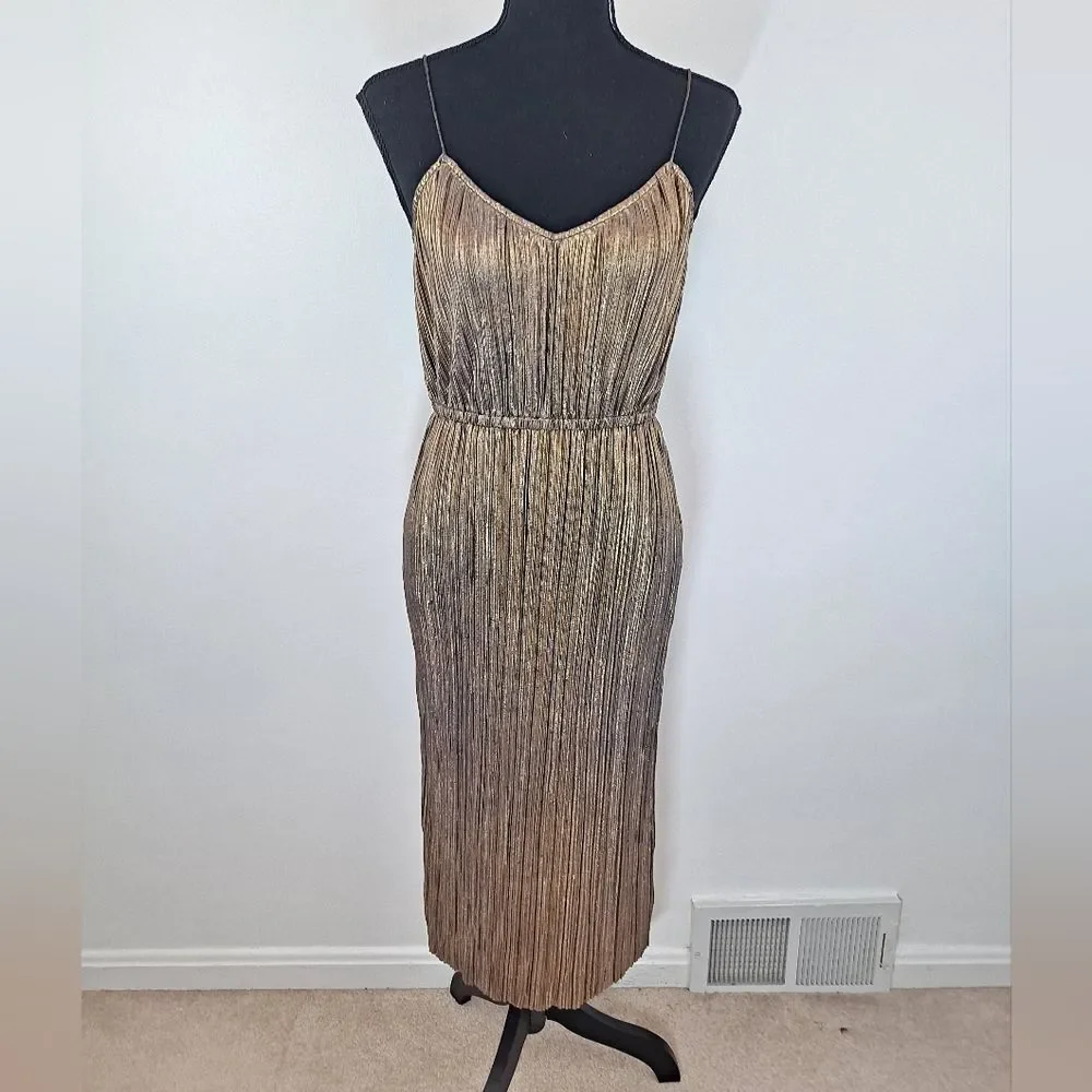 Plenty Tracy Reese Midi Metallic Pleated Shimmery Shiny Cinched Waist Dress - Picture 1 of 7